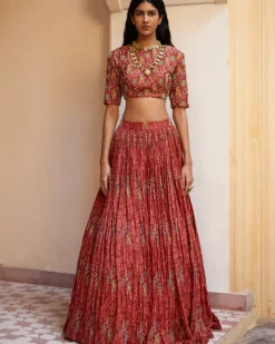 Rust Embroidered Highlighted Crop Top Set