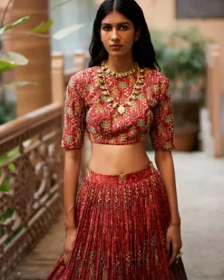 Rust Embroidered Highlighted Crop Top Set