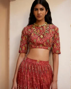 Rust Embroidered Highlighted Crop Top Set