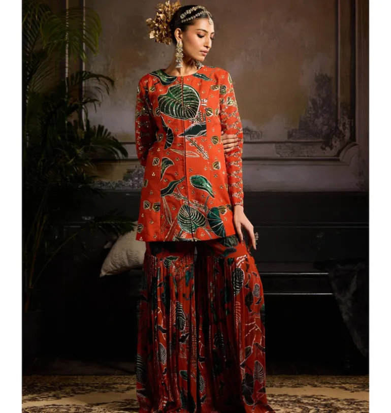 Rust Leaf Print Jacket Set