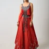 Rust Orange Embroidered Singlet With Circular Pant Set