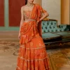 Rust Orange Floral Printed Chiffon Sari Set