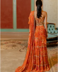 Rust Orange Floral Printed Chiffon Sari Set