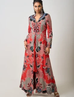 Rust Orange Hand Embroidered Long Jacket Set