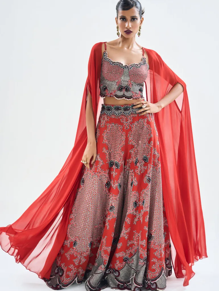 Rust Orange Hand Embroidered Sharara & Cape Set