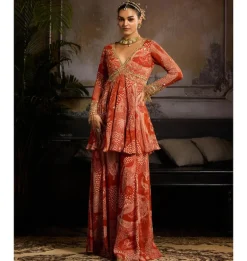 Rust Print Peplum Sharara Set