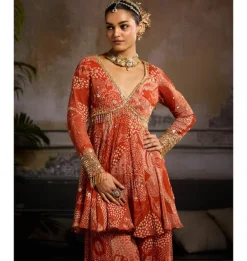 Rust Print Peplum Sharara Set