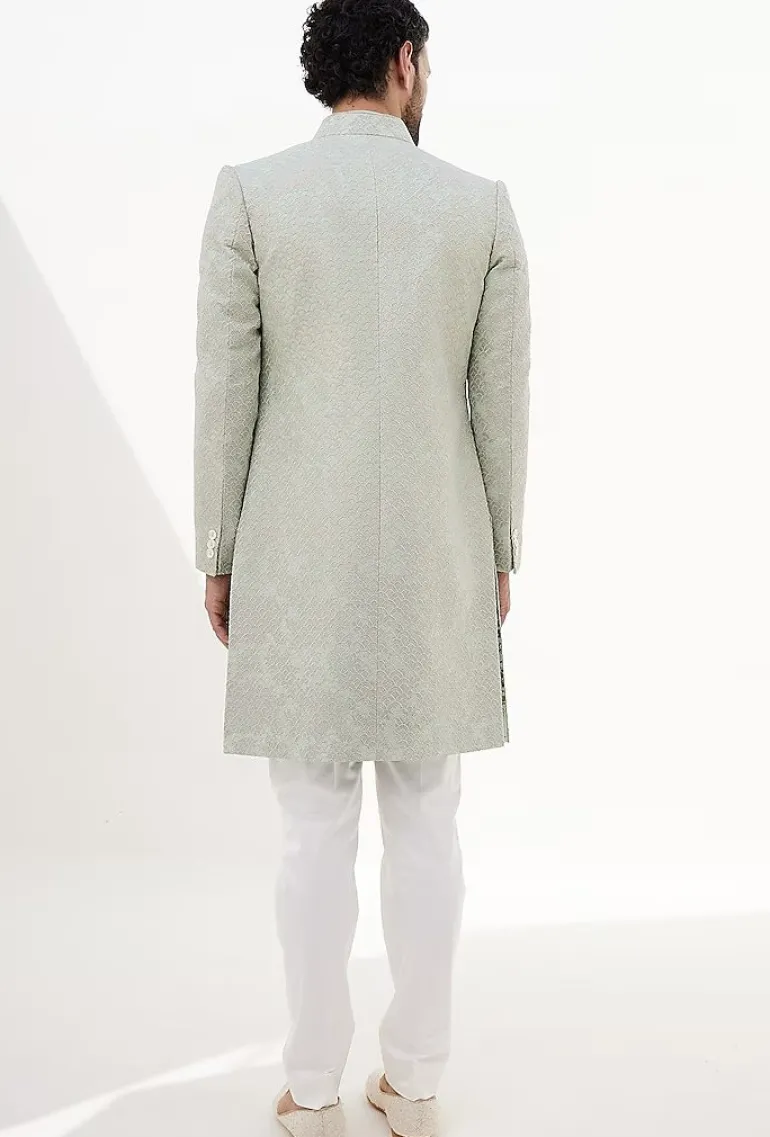 Sage Green Banarasi Double Scallop Achkan Set