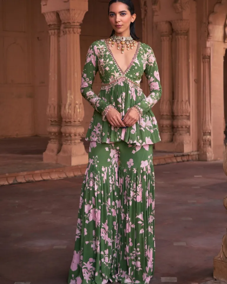 Sage Green Floral Print & Highlighted Peplum Set