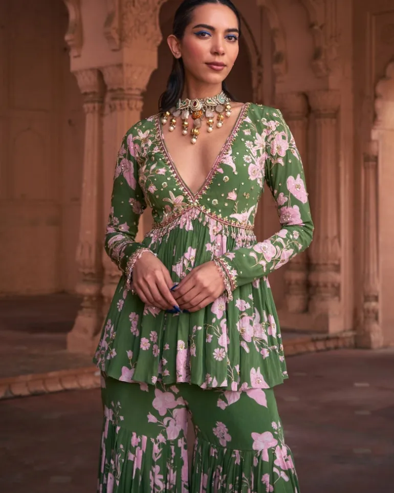 Sage Green Floral Print & Highlighted Peplum Set