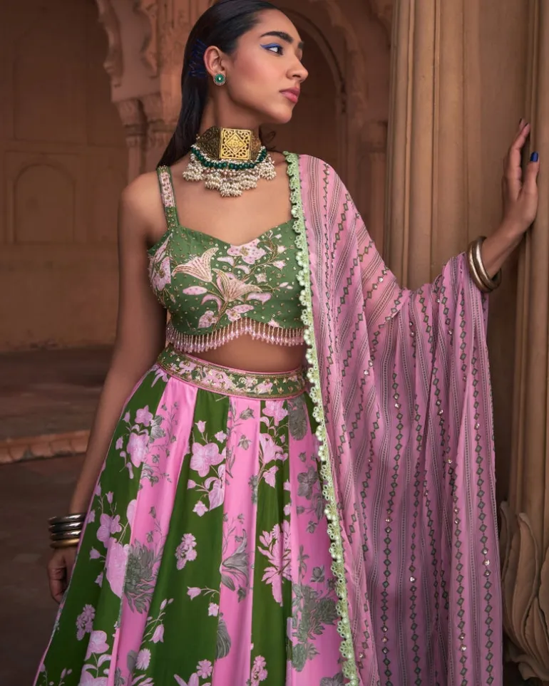Sage Green Floral Print & Highlighted Lehenga Set
