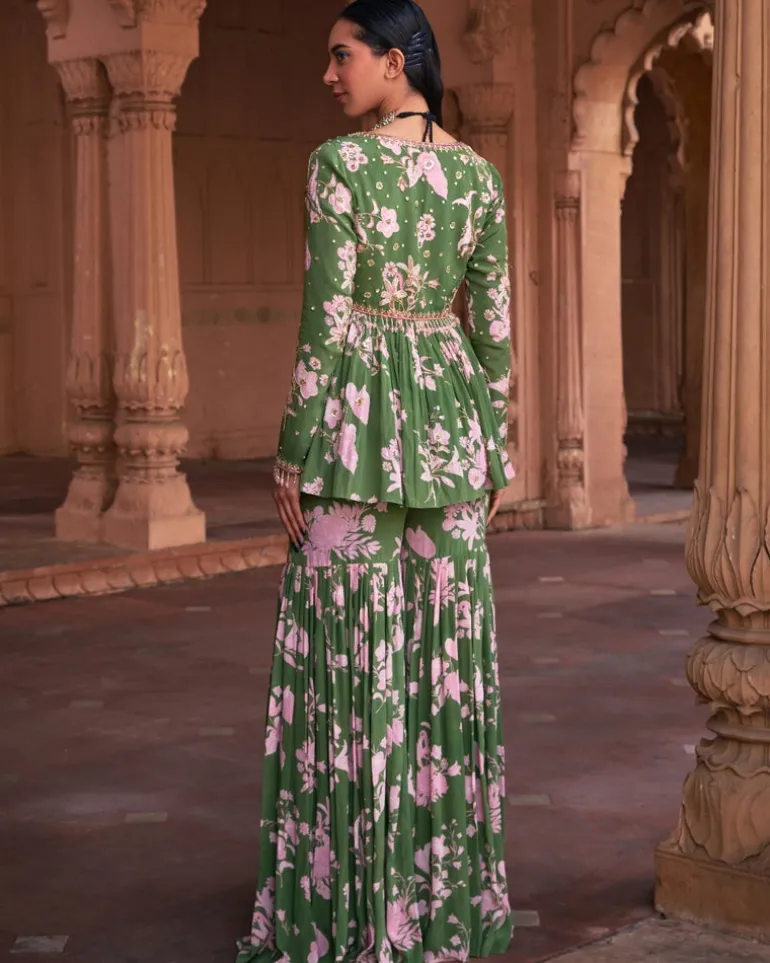 Sage Green Floral Print & Highlighted Peplum Set