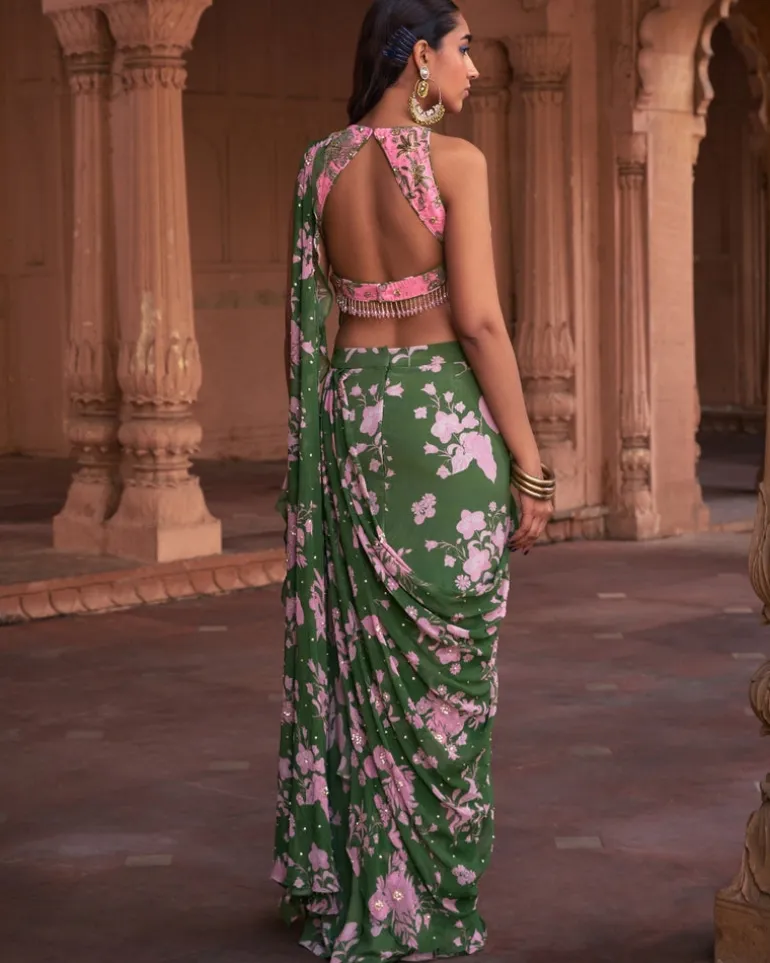 Sage Green Floral Print & Highlighted Sari Set