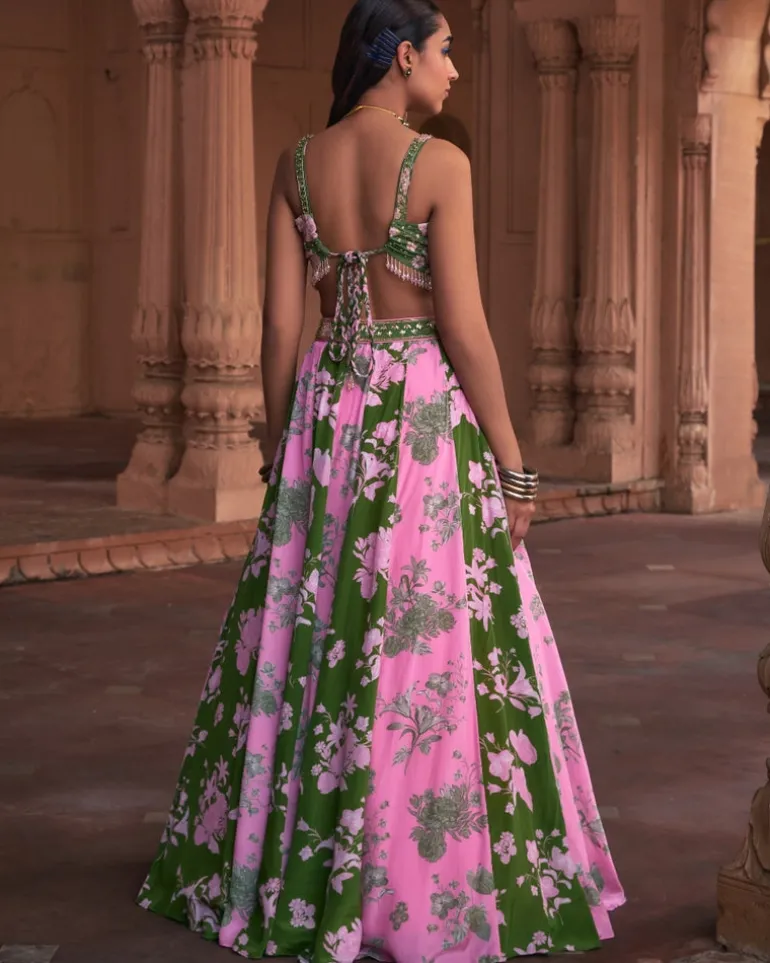 Sage Green Floral Print & Highlighted Lehenga Set