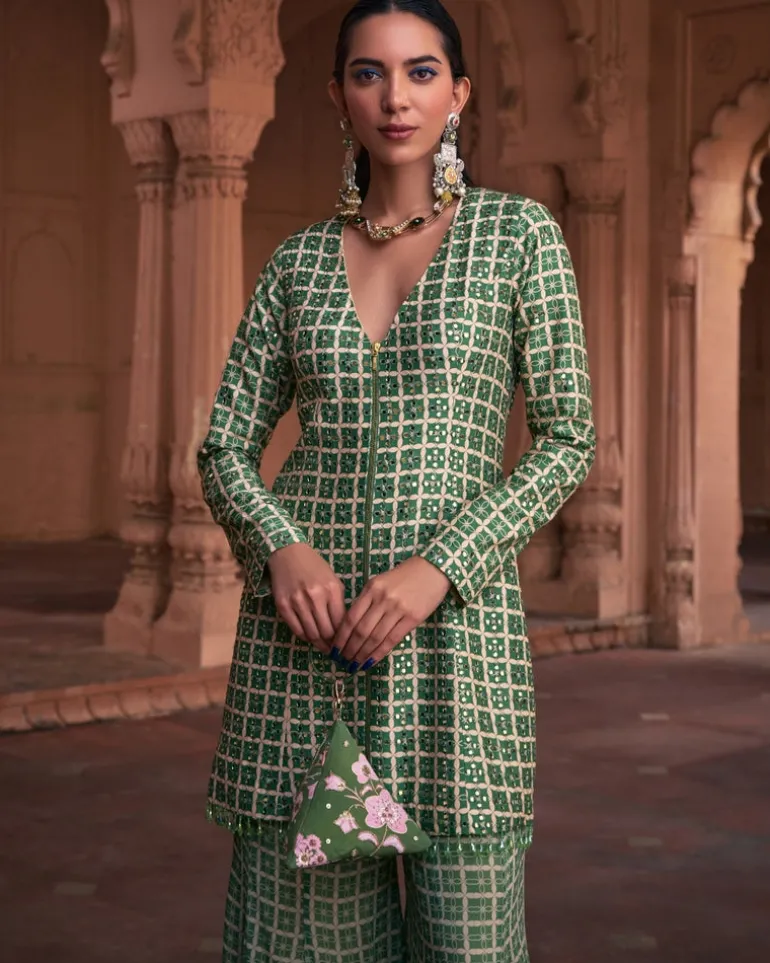 Sage Green Grid Print & Highlighted Jacket Set