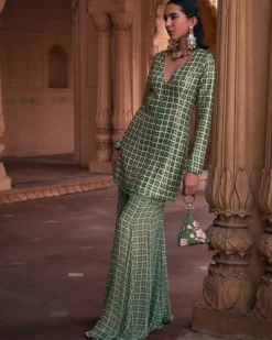 Sage Green Grid Print & Highlighted Jacket Set