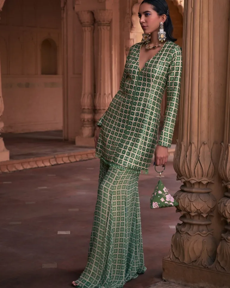 Sage Green Grid Print & Highlighted Jacket Set