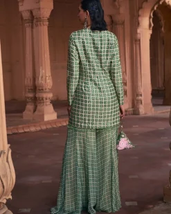 Sage Green Grid Print & Highlighted Jacket Set