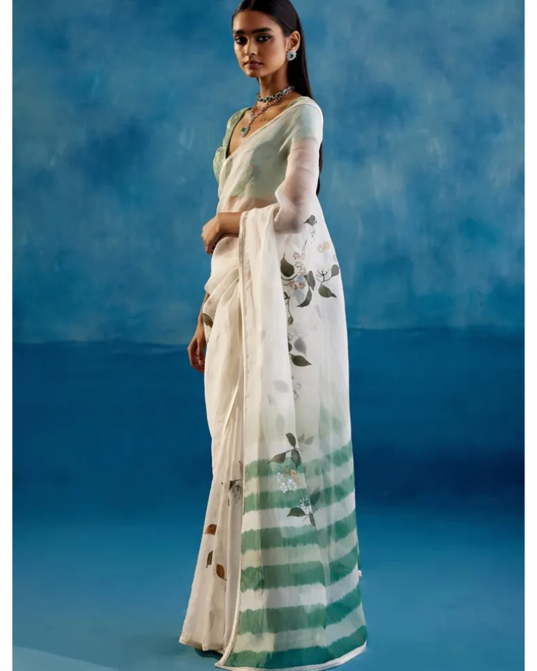 Sage Green Silk Organza Hand-Painted Leheriya Sari