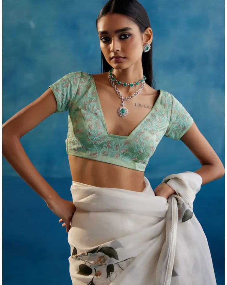 Sage Green Silk Organza Hand-Painted Leheriya Sari
