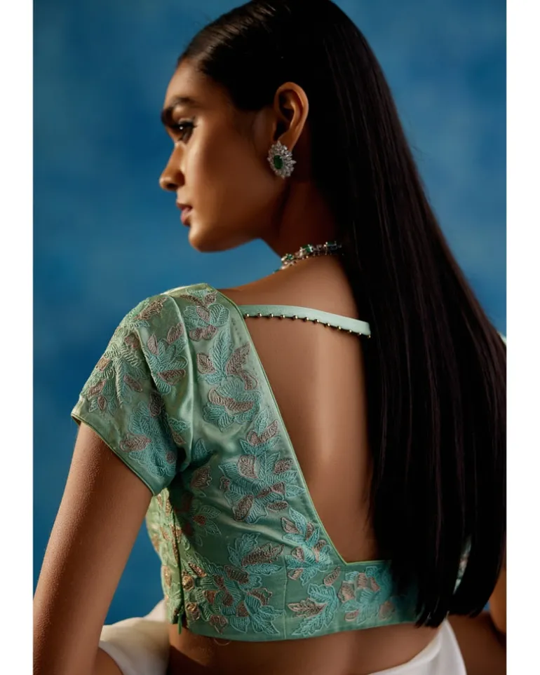 Sage Green Silk Organza Hand-Painted Leheriya Sari