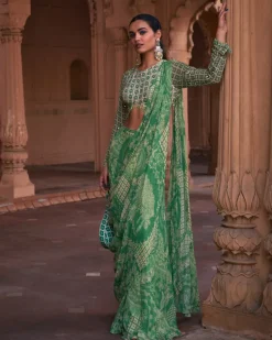 Sage Green Thikri Print and Highlighted Sharara Sari Set
