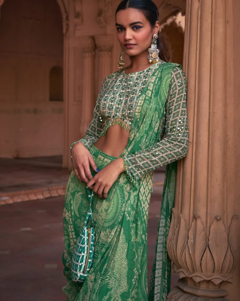 Sage Green Thikri Print and Highlighted Sharara Sari Set
