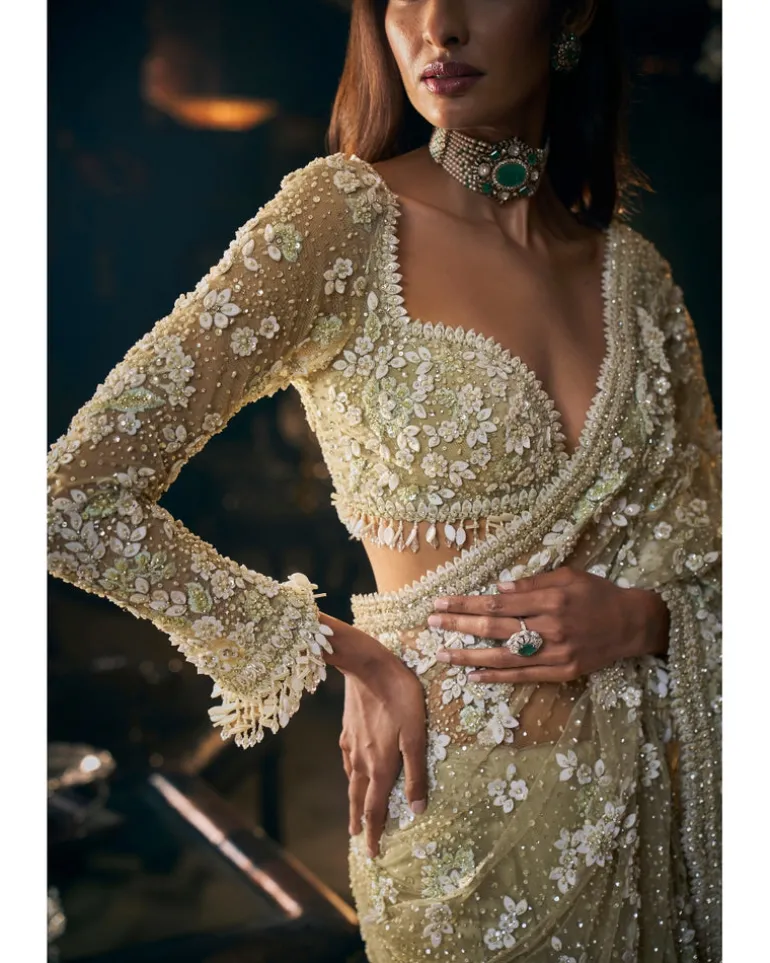 Sage Green Three-Dimensional Sari Set
