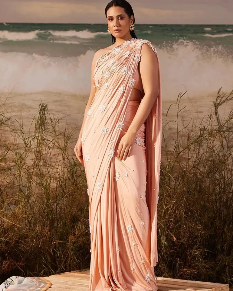 Salmon Bloom Skein Tailored Ruched Sari Set