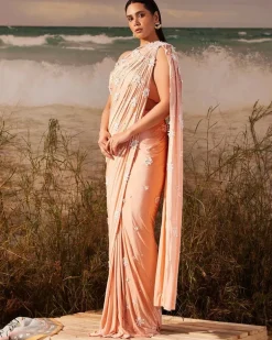 Salmon Bloom Skein Tailored Ruched Sari Set