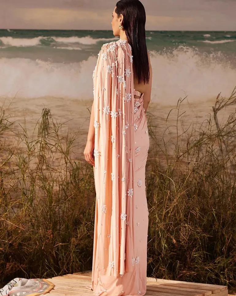 Salmon Bloom Skein Tailored Ruched Sari Set