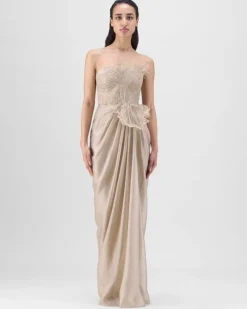 Sand Corded Coral Gown With Drape