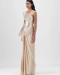 Sand Metallic Sun Ray Gown With Chiffon Drape