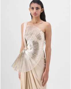 Sand Metallic Sun Ray Gown With Chiffon Drape
