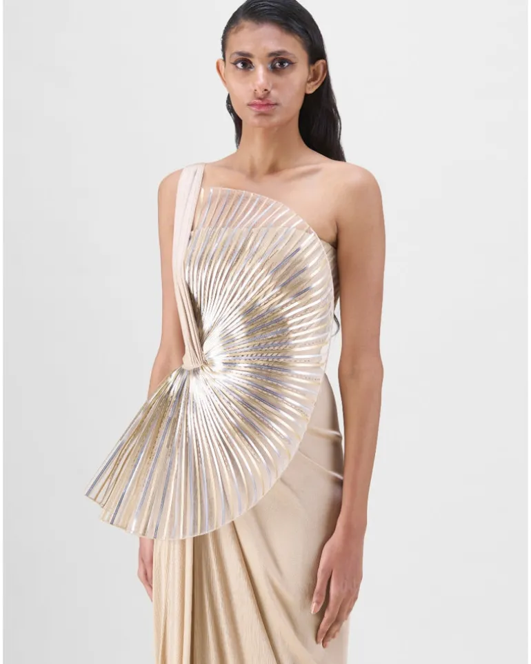 Sand Metallic Sun Ray Gown With Chiffon Drape