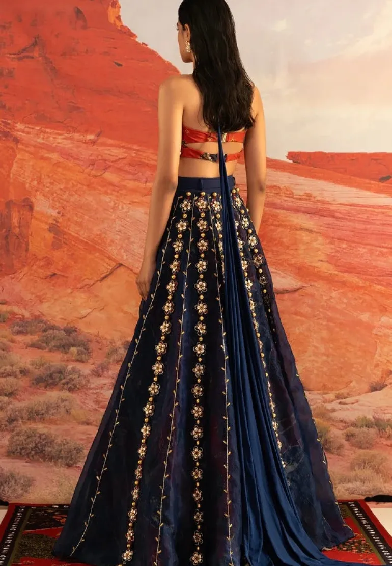Sapphire Peri Golden Skein with One-shoulder Bustier Lehenga Set