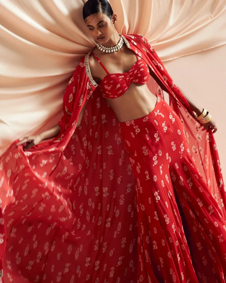 Scarlet Red Floret Pant Cape Set