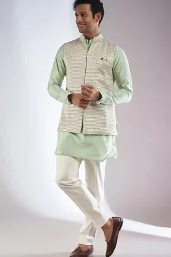 Sea Green Embroidered Kurta Set With Bandi