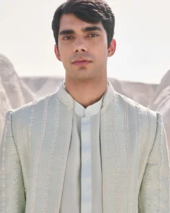 Sea Green Pearl Open Sherwani Set