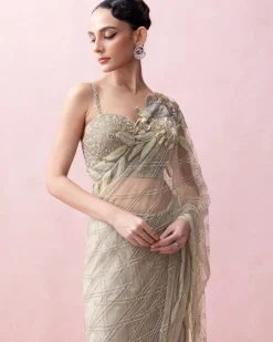Sea Green Pre-Stitched Sari With Rose Applique And Corset Blouse