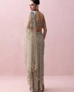 Sea Green Pre-Stitched Sari With Rose Applique And Corset Blouse
