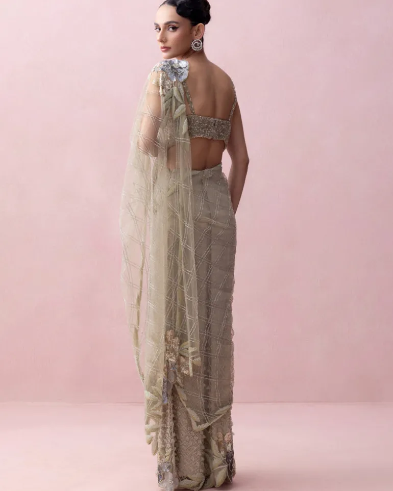Sea Green Pre-Stitched Sari With Rose Applique And Corset Blouse