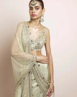 Sea Green Silk Tissue Godet Sari Set