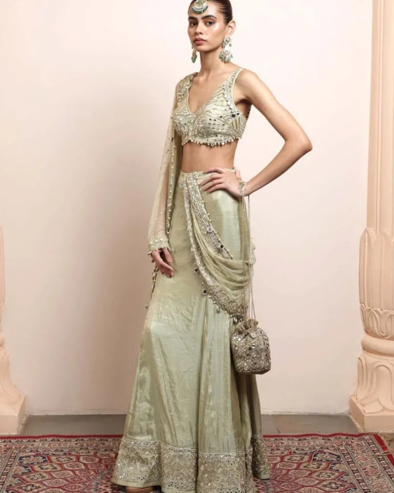 Sea Green Silk Tissue Godet Sari Set