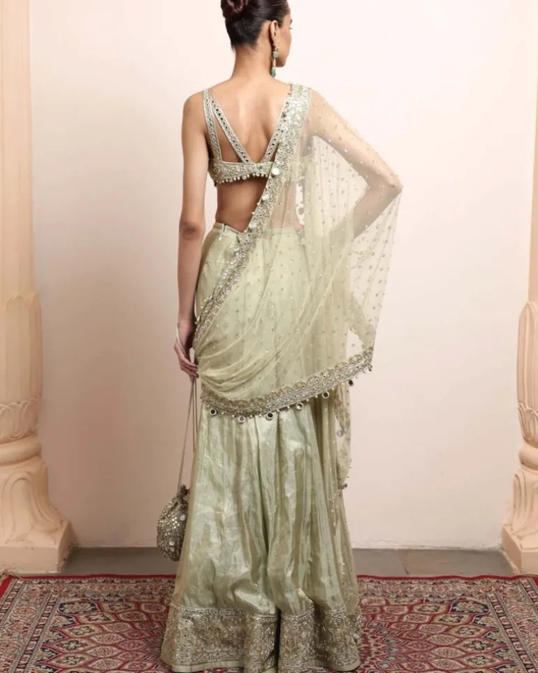 Sea Green Silk Tissue Godet Sari Set