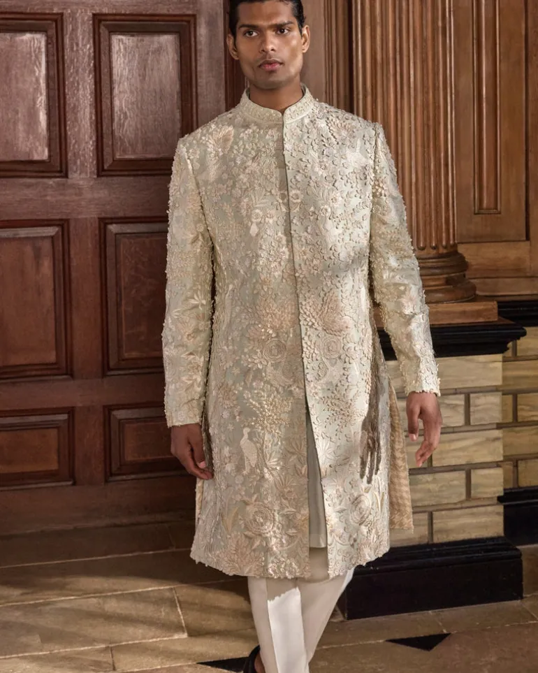 Sea Green Three Dimensional Floral Sherwani Set