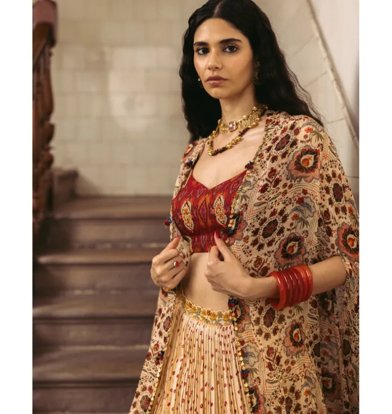 Shaahee Bandhani Skirt Cape Set