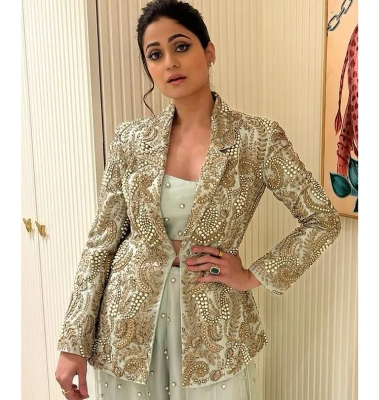 Shazia Mint Embroidered Blazer And Bustier With Sharara Set