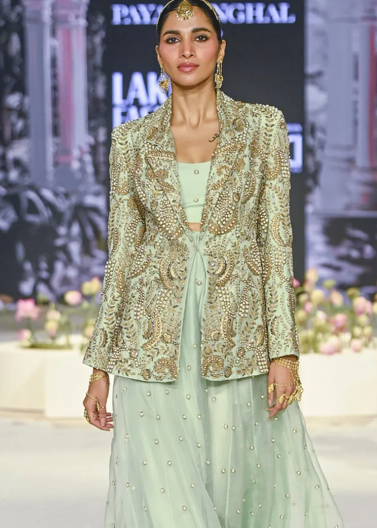 Shazia Mint Embroidered Blazer And Bustier With Sharara Set