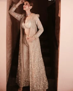 Shimmer Gray Jacket Sharara Set
